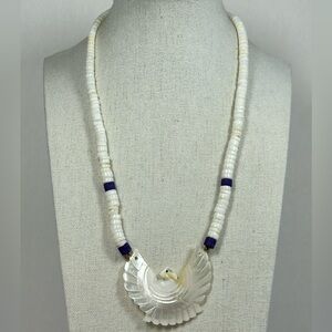 Vintage Fetish hand carved mother of pearl eagle puka shell heishi necklace